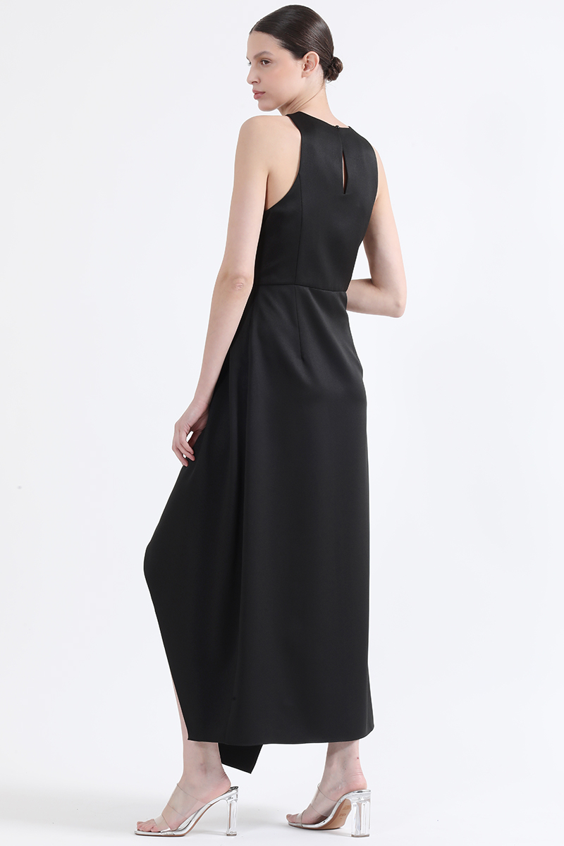 VESTIDO MAXI MUJER LIOLA NEGRO RUCHA ASIMETRICA - 4