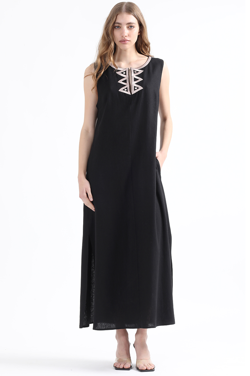 VESTIDO MAXI LINO MUJER LIOLA NEGRO CON BORDADO - 1