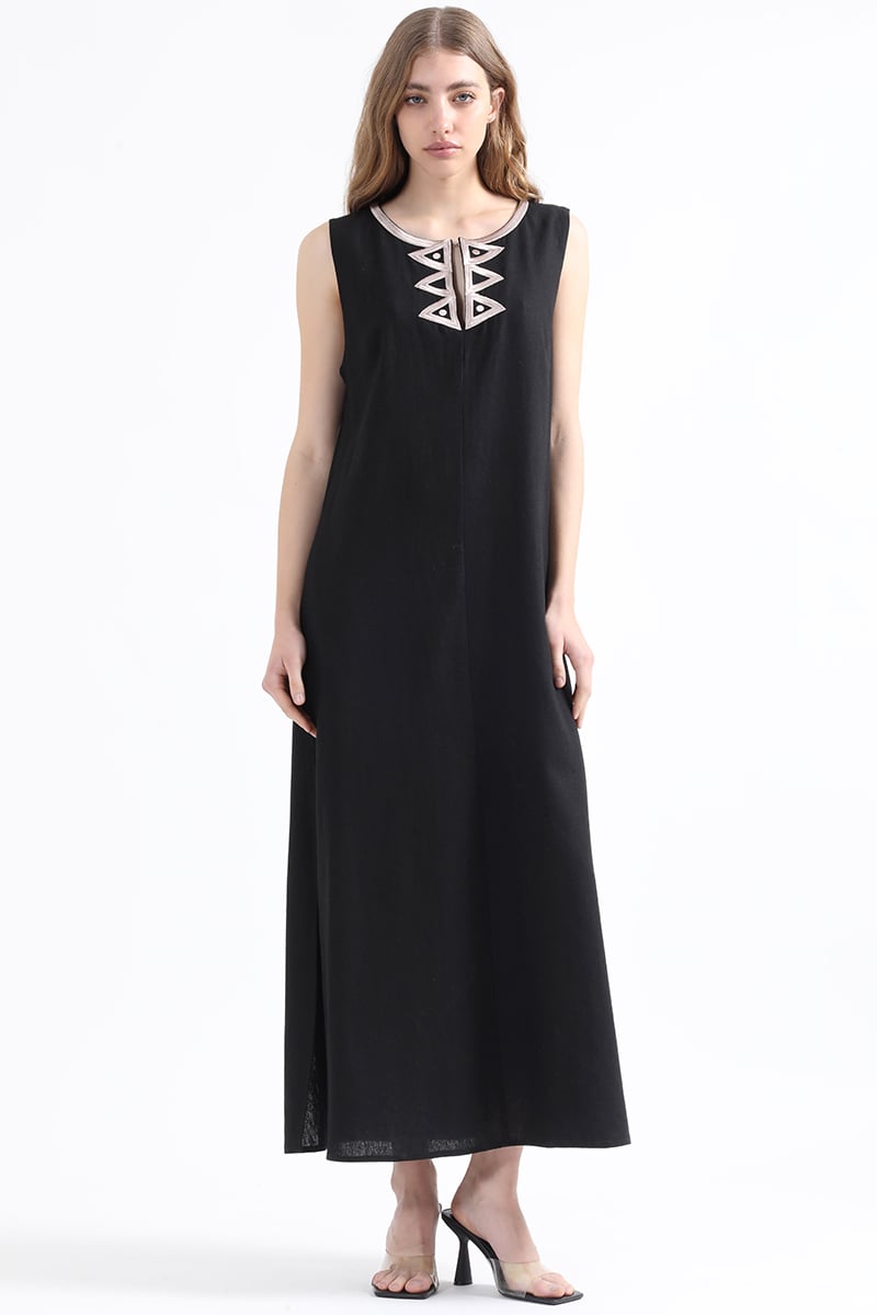 VESTIDO MAXI LINO MUJER LIOLA NEGRO CON BORDADO - 2