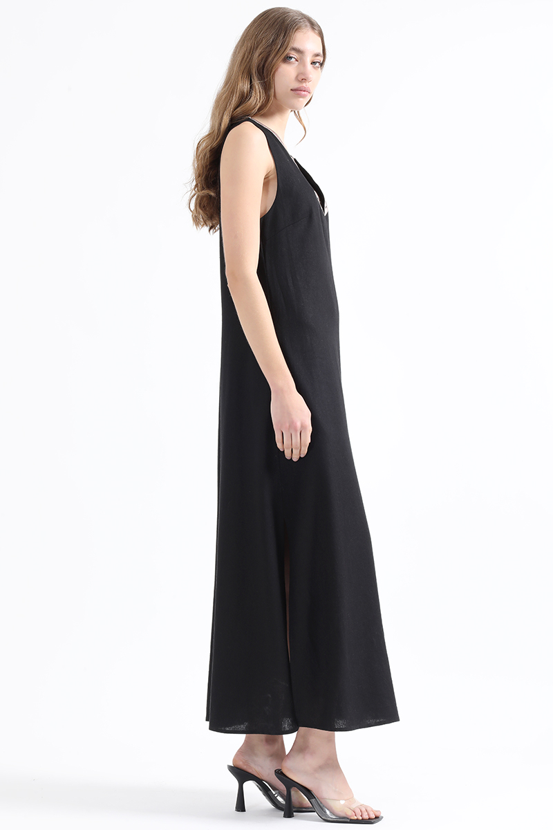 VESTIDO MAXI LINO MUJER LIOLA NEGRO CON BORDADO - 4