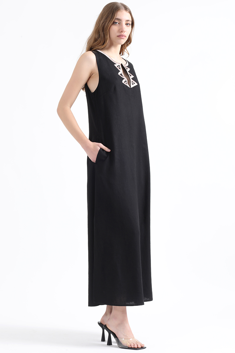 VESTIDO MAXI LINO MUJER LIOLA NEGRO CON BORDADO - 6