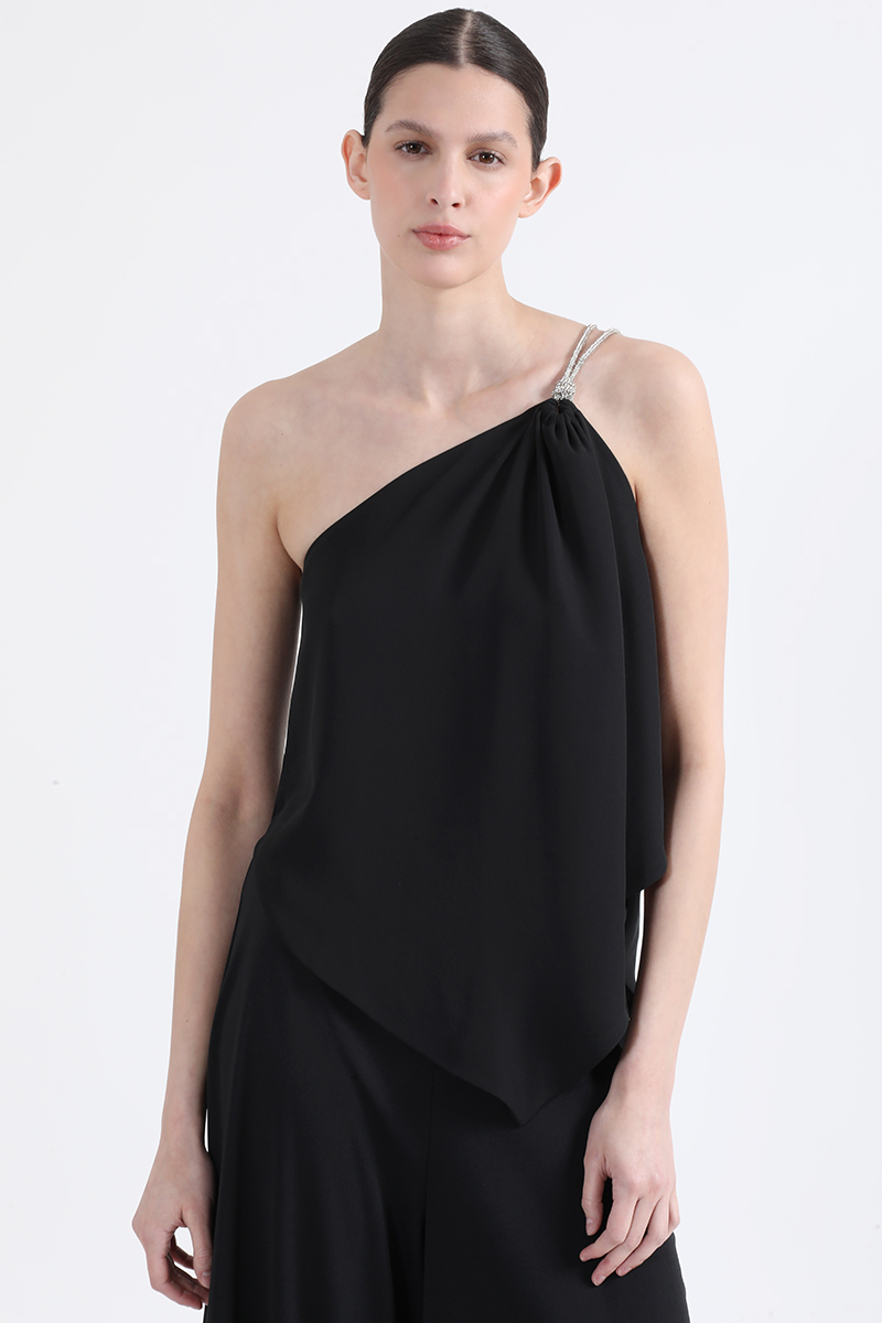 TOP ASIMETRICO, GASA DOBLE, APLICACION STRASS, NEGRO LIOLA - 6