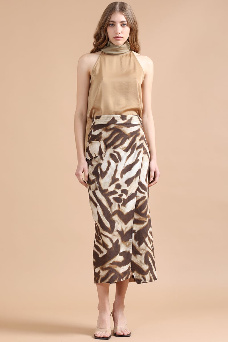 FALDA LINO MUJER LIOLA CAFÉ MIDI CON ANIMAL PRINT - 1