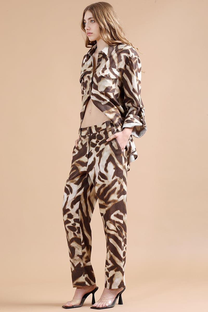 PANTALON SASTRE LINO MUJER LIOLA CAFE CON ANIMAL PRINT - 2