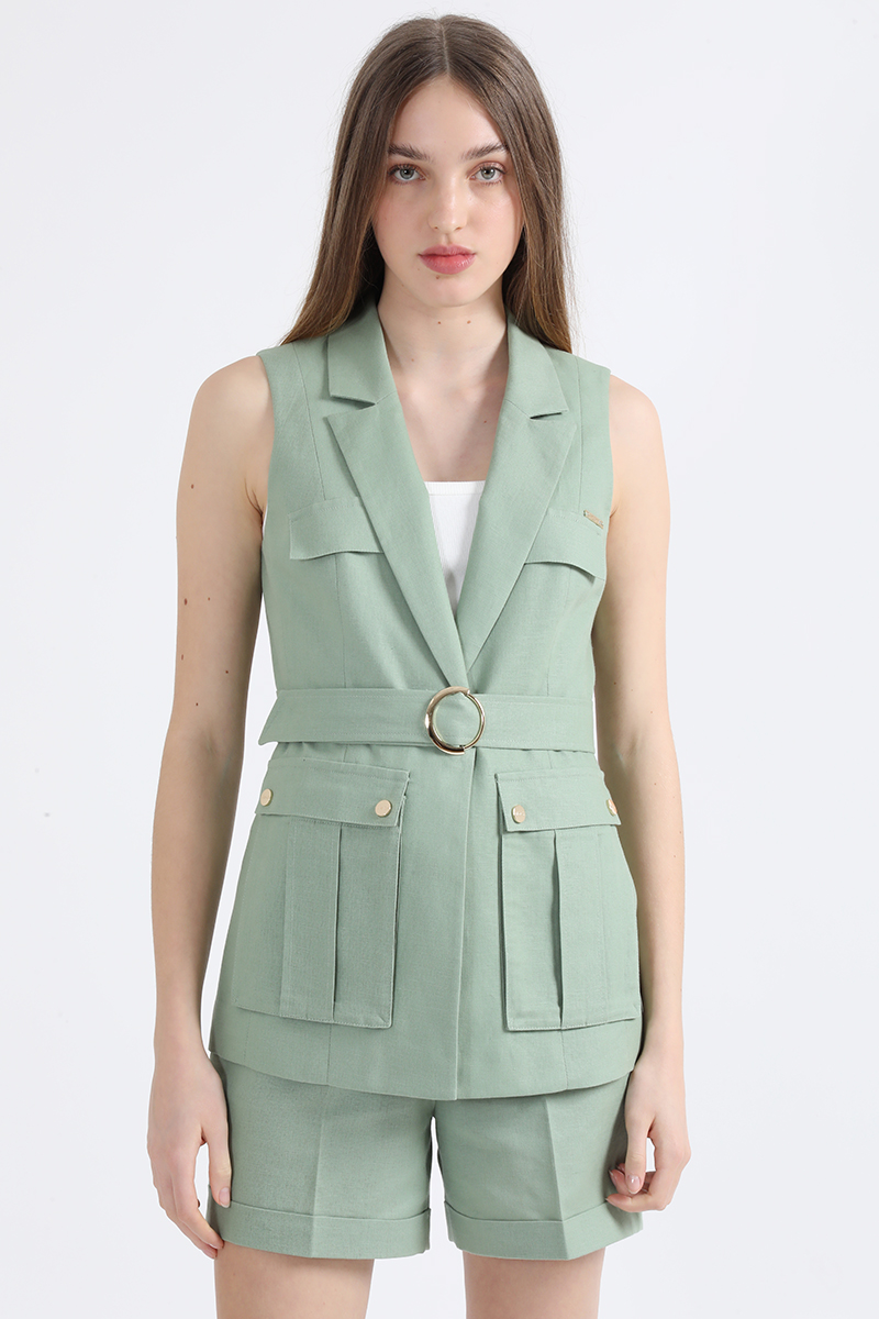 CHAQUETA SIN MANGAS CARGO, LINO ALGODON, VERDE LIOLA - 1