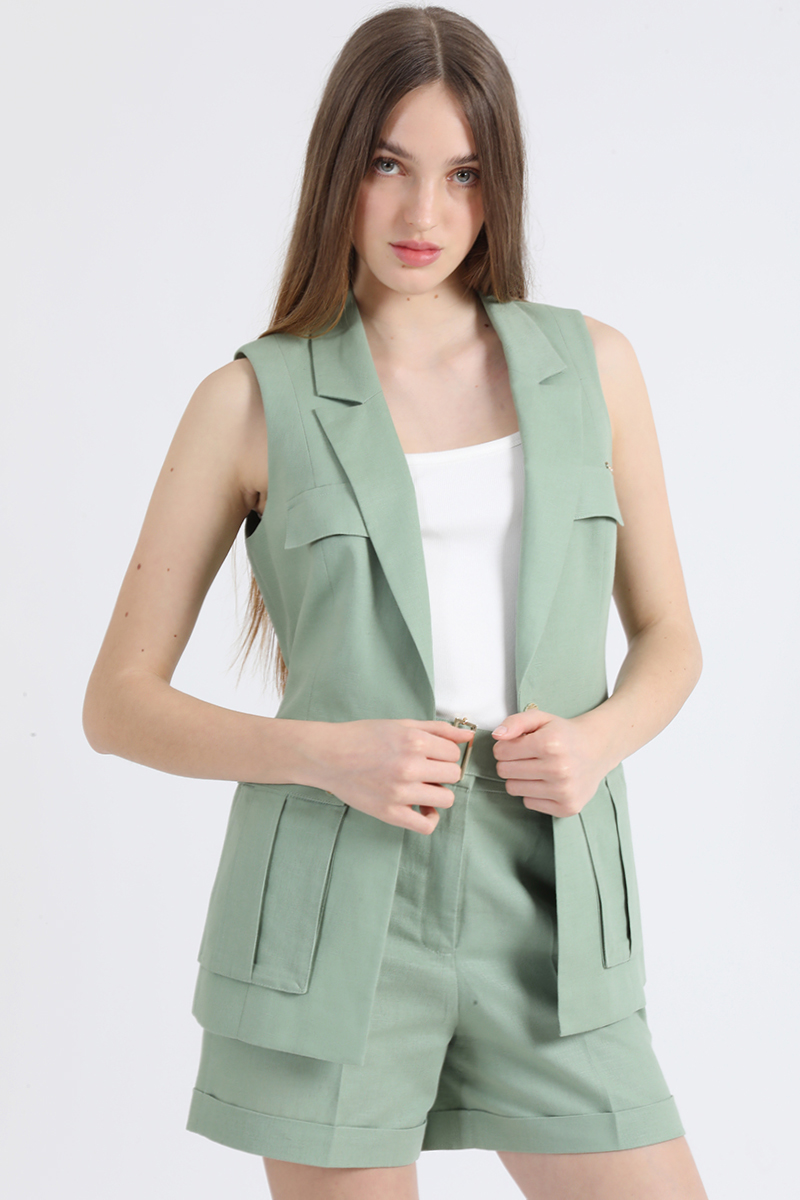 CHAQUETA SIN MANGAS CARGO, LINO ALGODON, VERDE LIOLA - 3