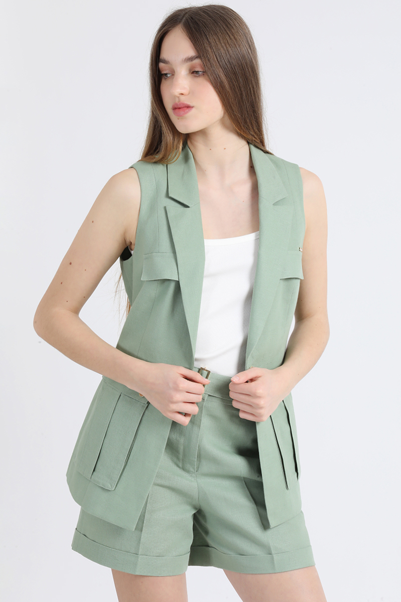 CHAQUETA SIN MANGAS CARGO, LINO ALGODON, VERDE LIOLA - 4