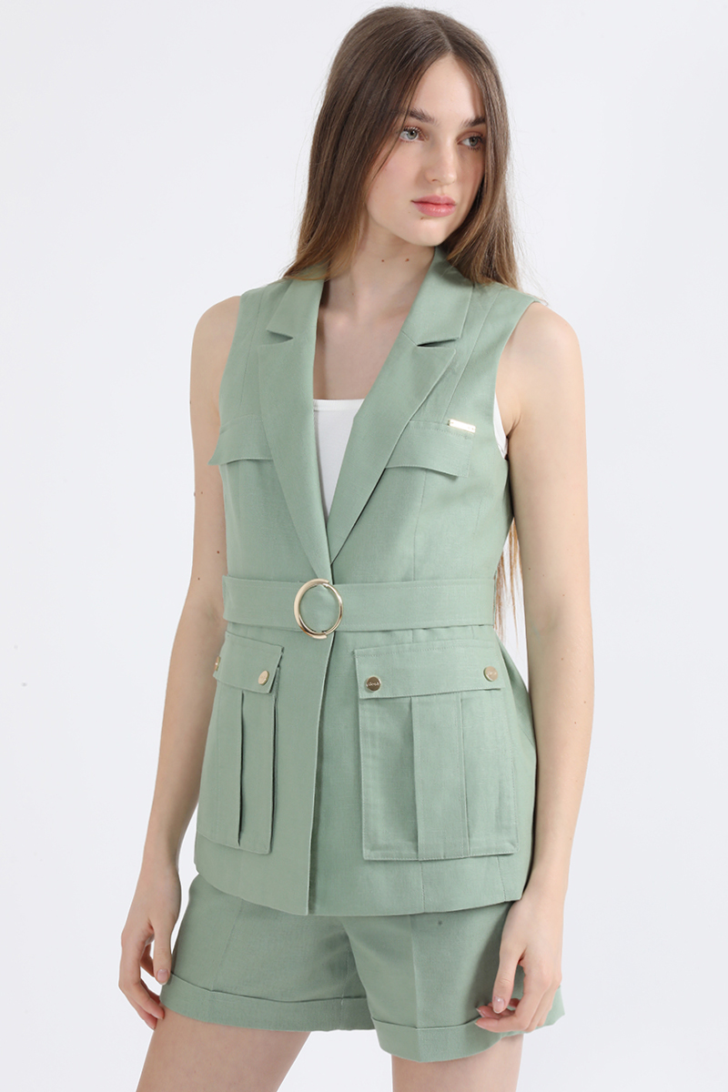 CHAQUETA SIN MANGAS CARGO, LINO ALGODON, VERDE LIOLA - 6