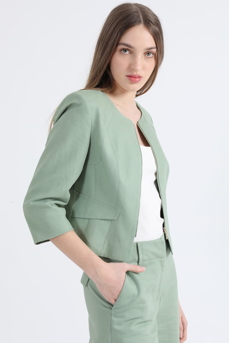 CHAQUETA ENTALLADA LINO ALGODON, VERDE LIOLA - 1