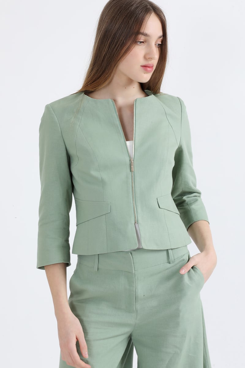 CHAQUETA ENTALLADA LINO ALGODON, VERDE LIOLA - 5