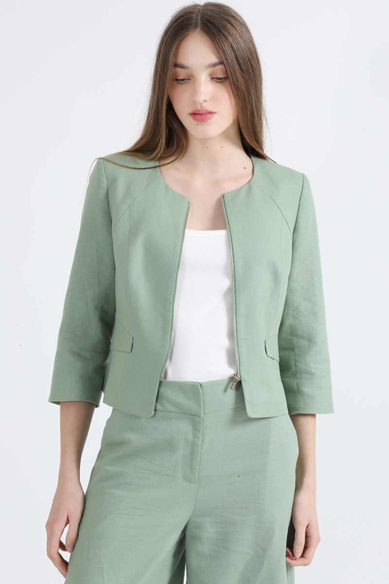 CHAQUETA ENTALLADA LINO ALGODON, VERDE LIOLA - 7