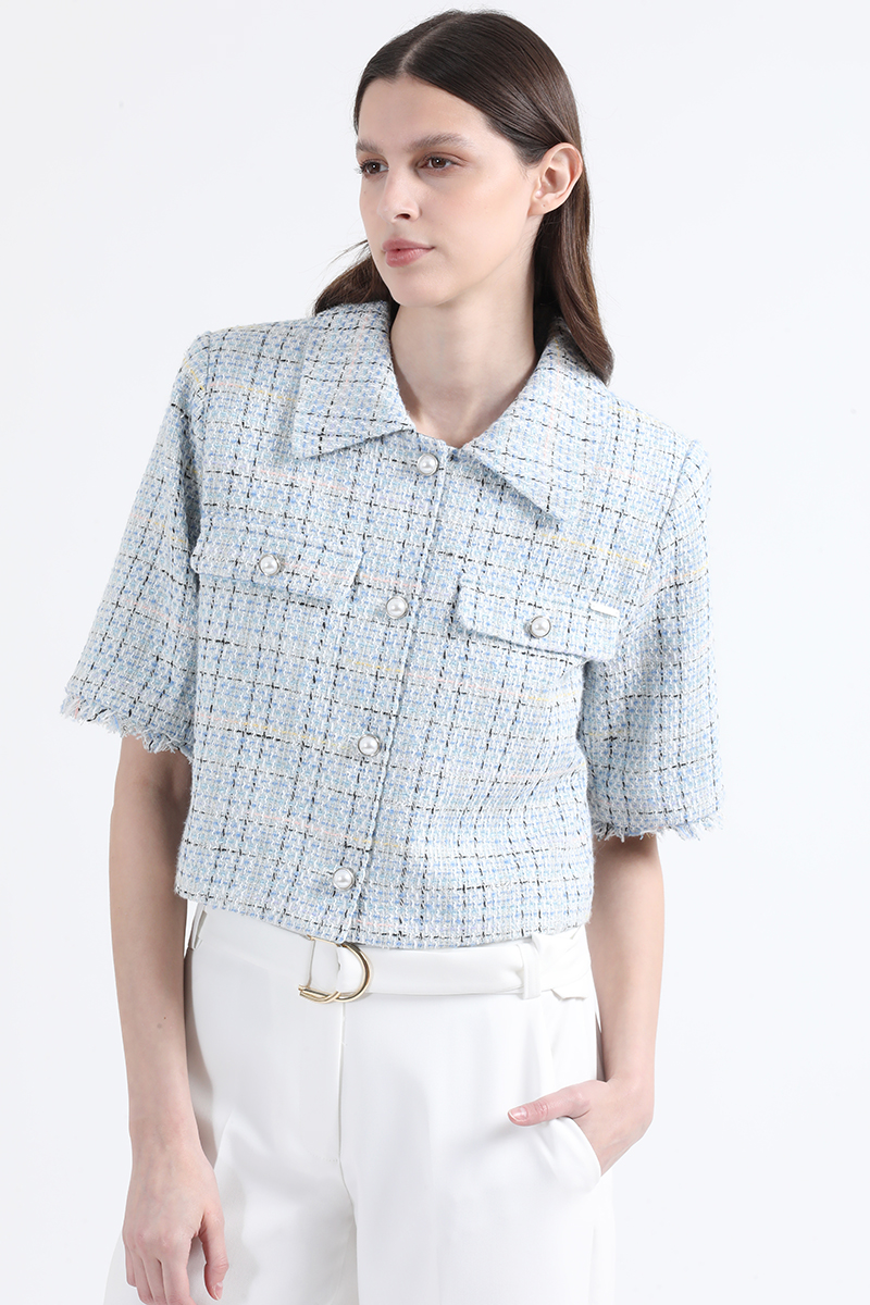 CHAQUETA CROPPED TWEED FANTASIA CON LUREX, AZUL LIOLA - 1