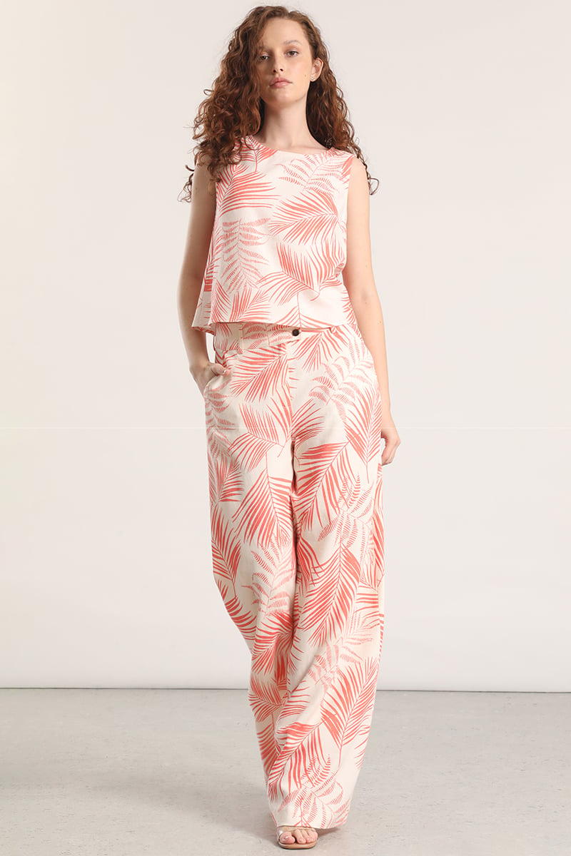 PANTALON ANCHO LINO ESTAMPADO LIOLA MUJER NARANJO - 1