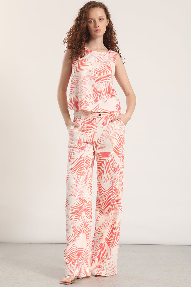 PANTALON ANCHO LINO ESTAMPADO LIOLA MUJER NARANJO - 3