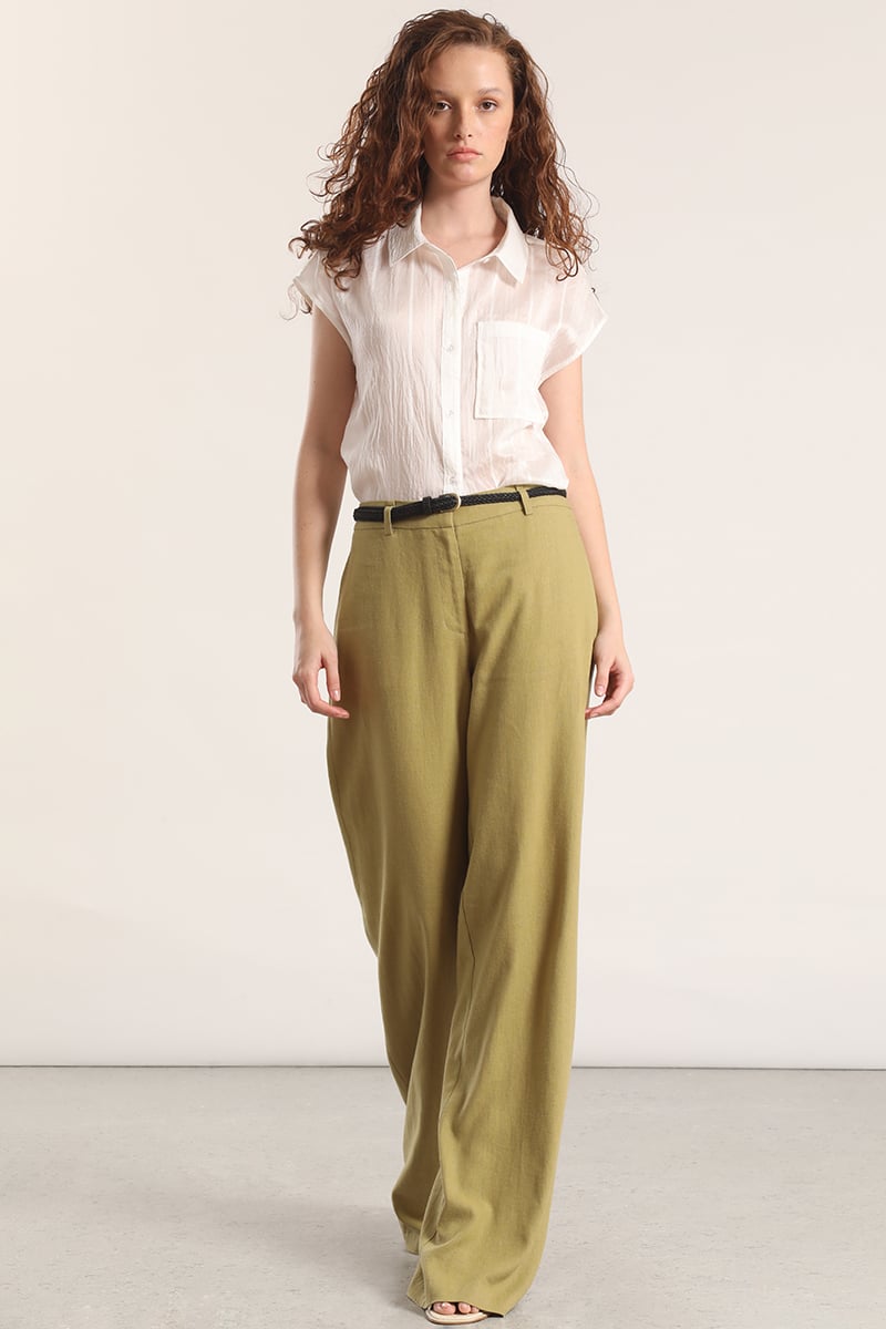 PANTALON ANCHO CINTURON LINO LIOLA MUJER VERDE - 1