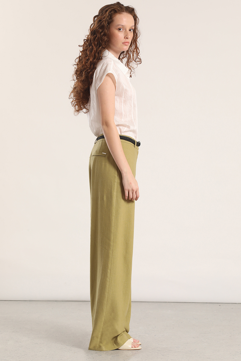 PANTALON ANCHO CINTURON LINO LIOLA MUJER VERDE - 2