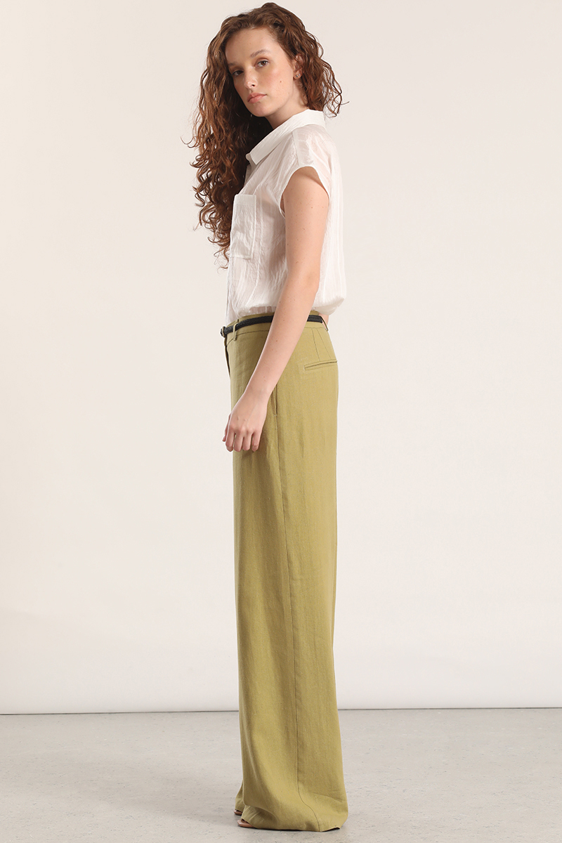 PANTALON ANCHO CINTURON LINO LIOLA MUJER VERDE - 3