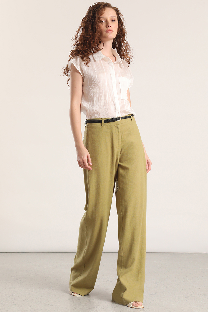 PANTALON ANCHO CINTURON LINO LIOLA MUJER VERDE - 4
