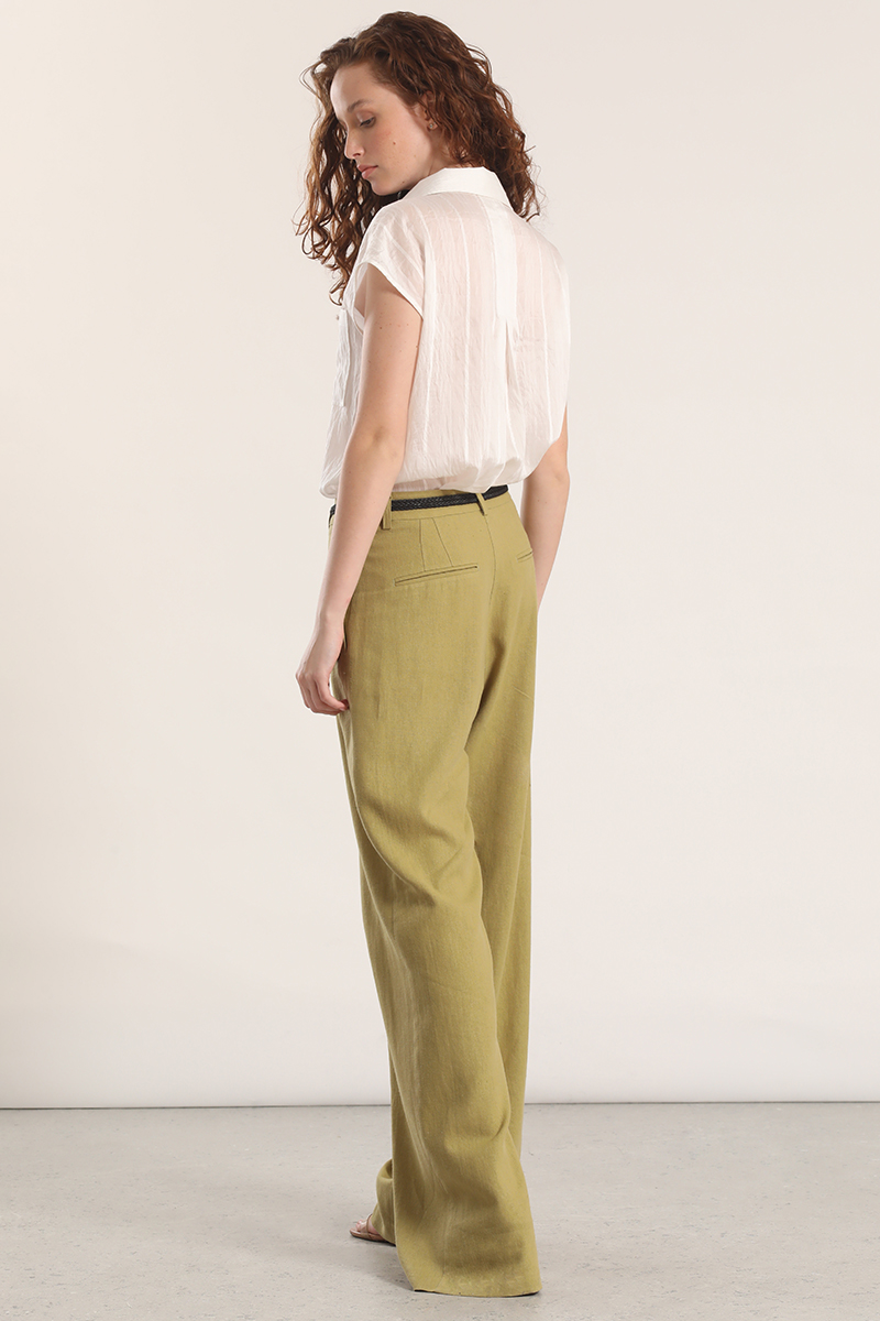 PANTALON ANCHO CINTURON LINO LIOLA MUJER VERDE - 5