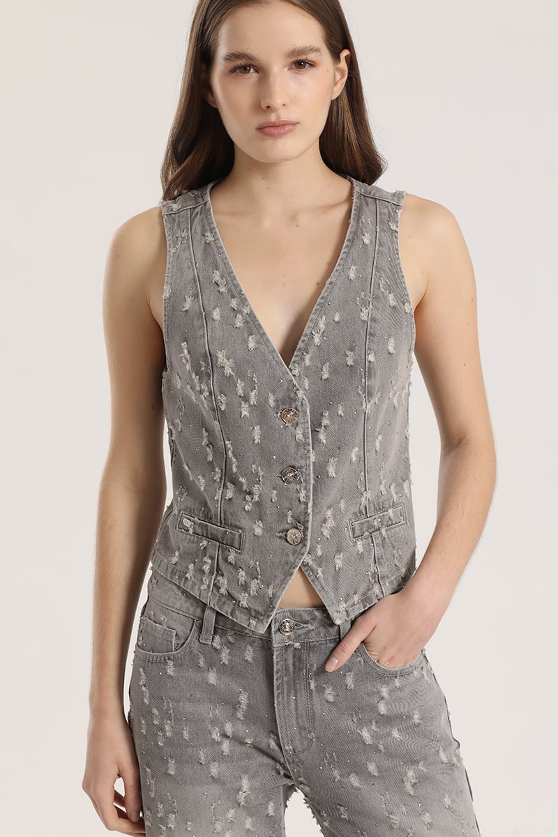 CHALECO SASTRE DESGASTADO DENIM LIOLA MUJER GRIS - 1