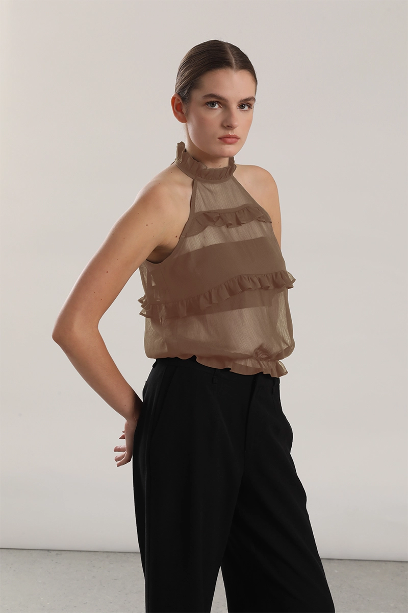 TOP HALTER GASA, VOLANTES MUJER LIOLA BEIGE - 4