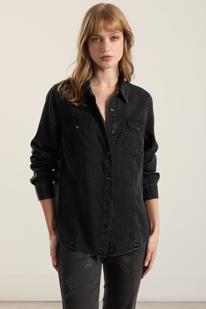 CAMISA LYOCELL PROCESADO, AZUL LIOLA - 1
