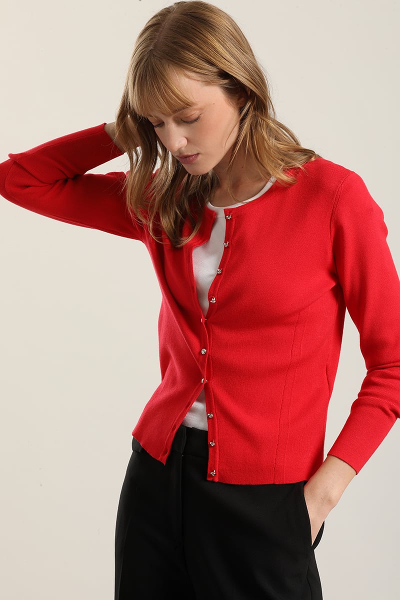 CARDIGAN BASICO PUNTO, ROJO LIOLA - 4