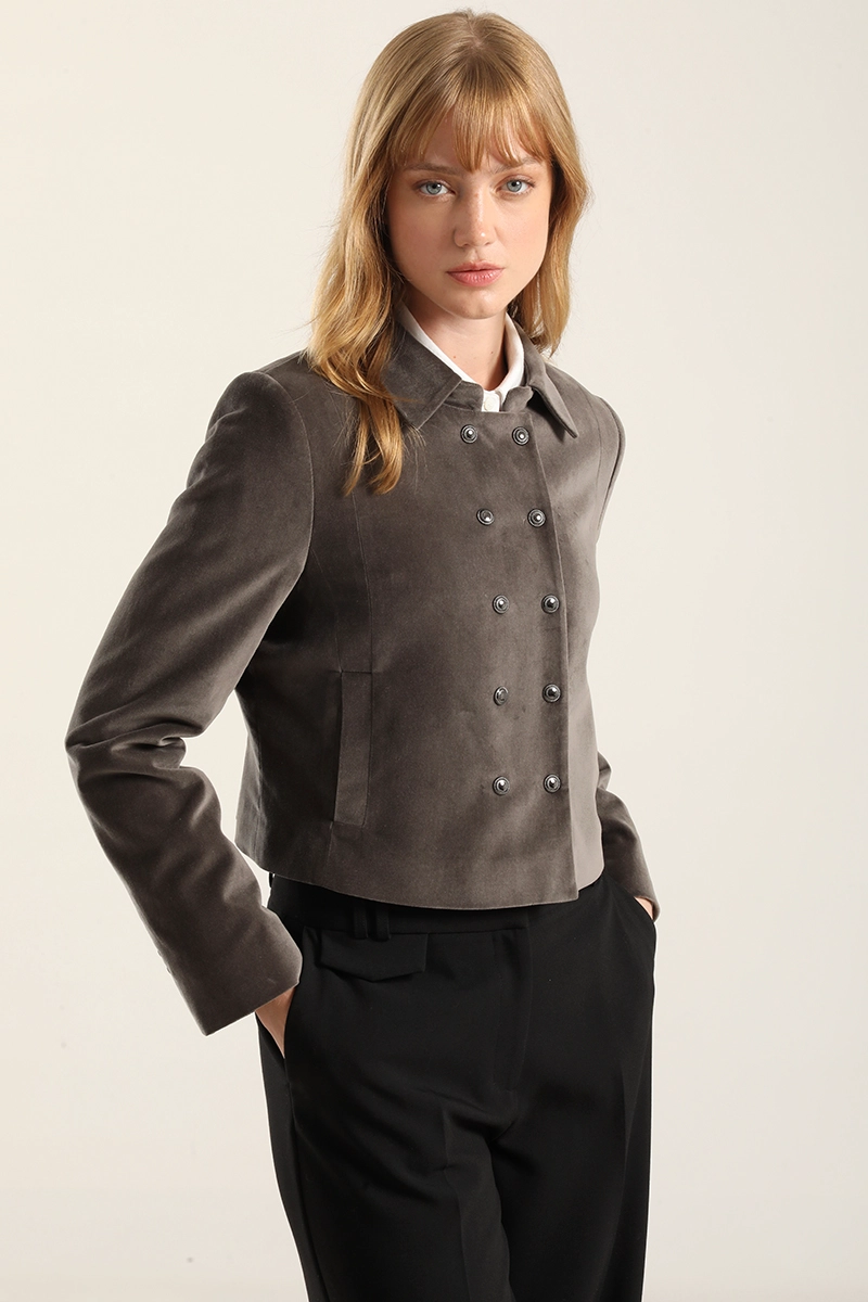 CHAQUETA CROPPED CRUZADA, TERCIOPELO GRIS LIOLA - 1