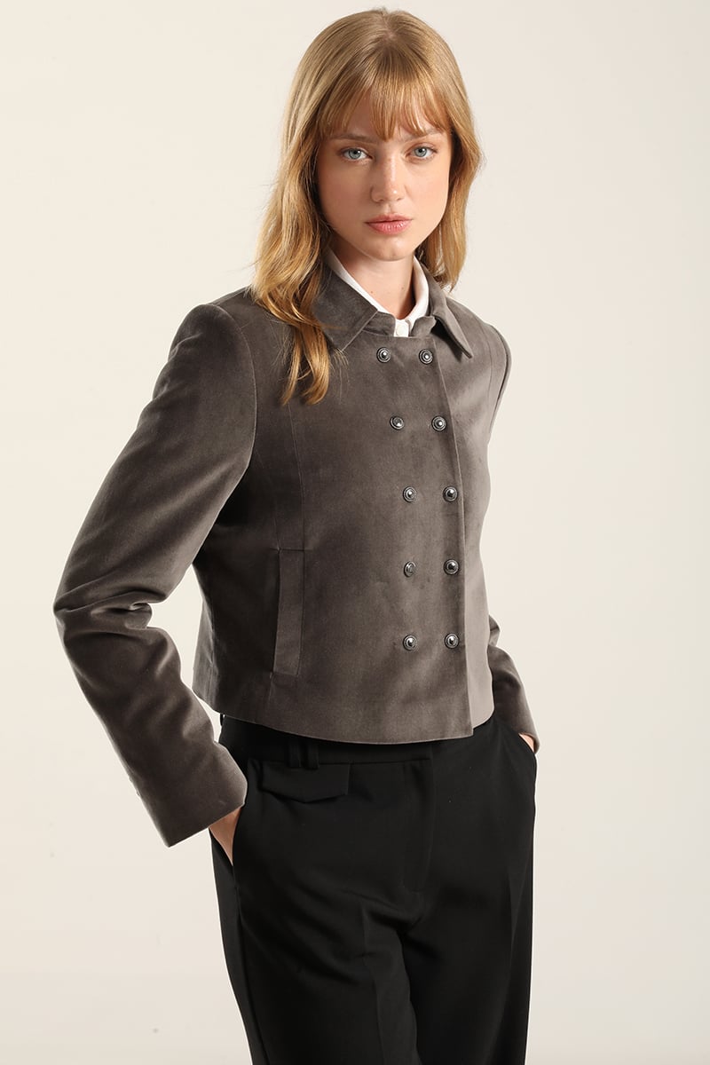 CHAQUETA CROPPED CRUZADA, TERCIOPELO GRIS LIOLA - 1