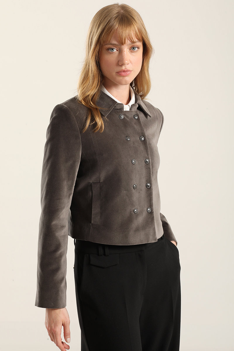 CHAQUETA CROPPED CRUZADA, TERCIOPELO GRIS LIOLA - 4
