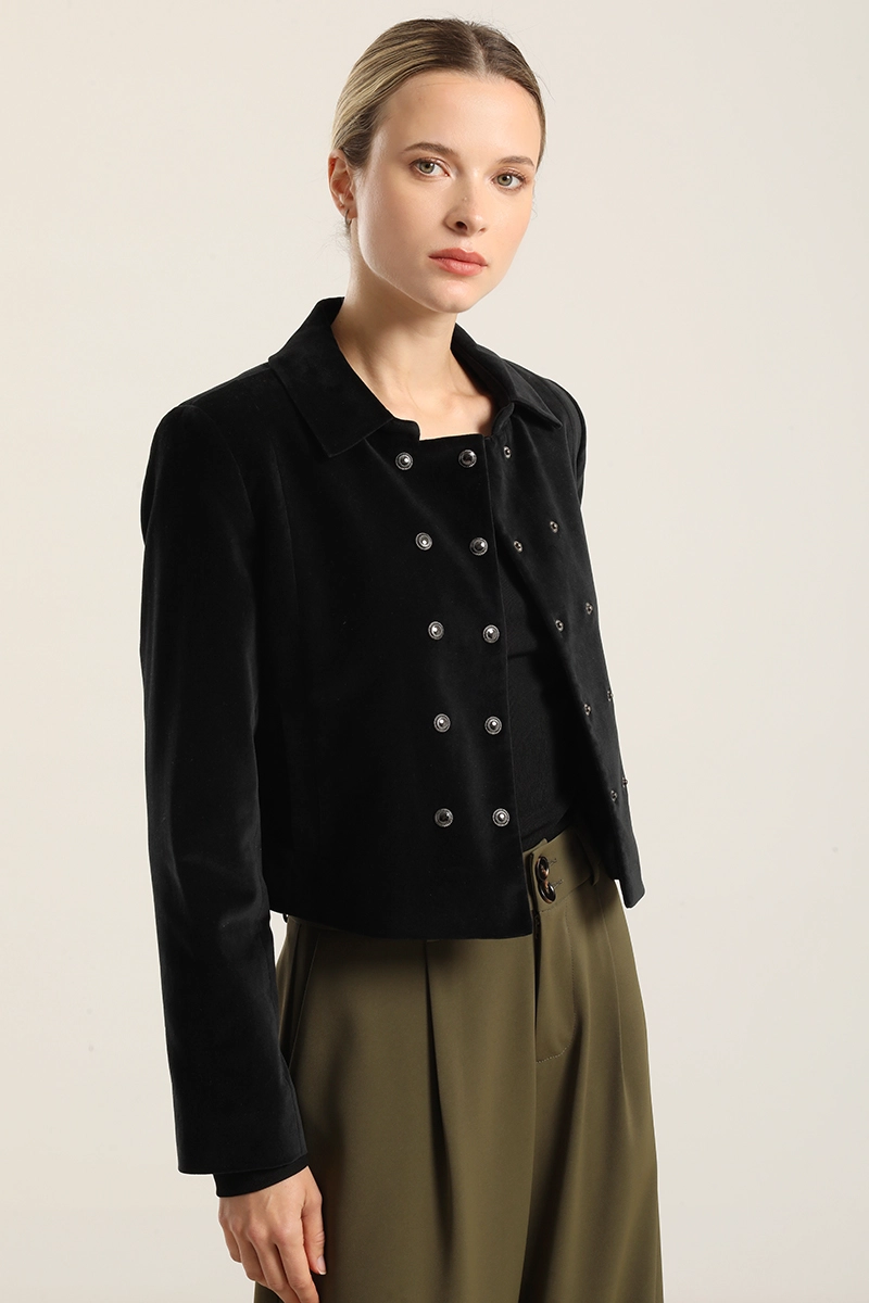 CHAQUETA CROPPED CRUZADA, TERCIOPELO NEGRO LIOLA - 1