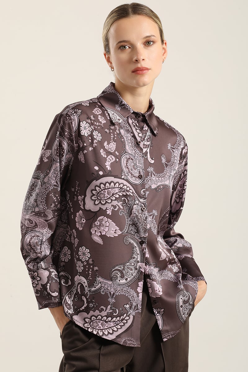 BLUSA SATINADA ESTAMPADO AMEBAS, CAFE  LIOLA - 1