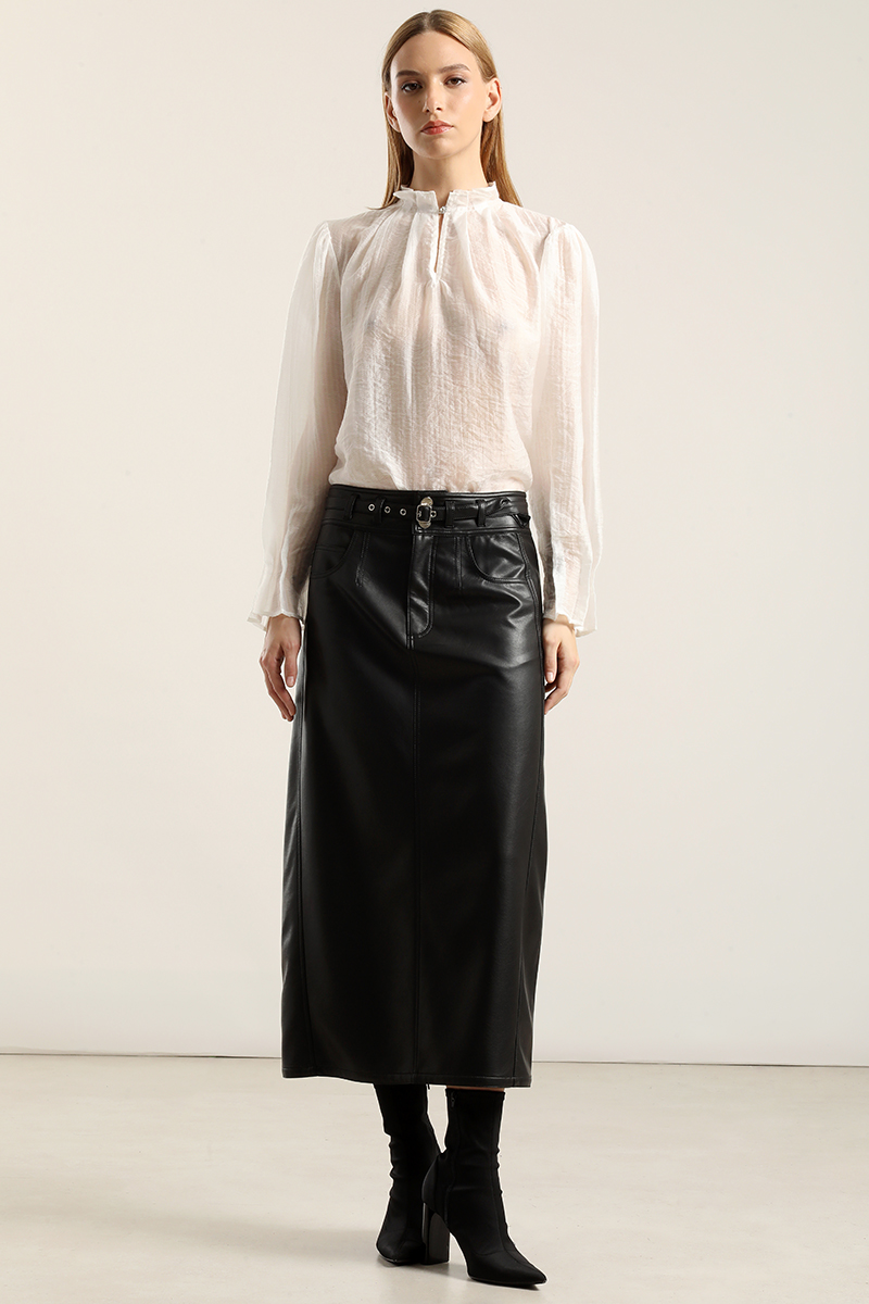 FALDA MIDI, EFECTO CUERO NEGRO LIOLA - 1