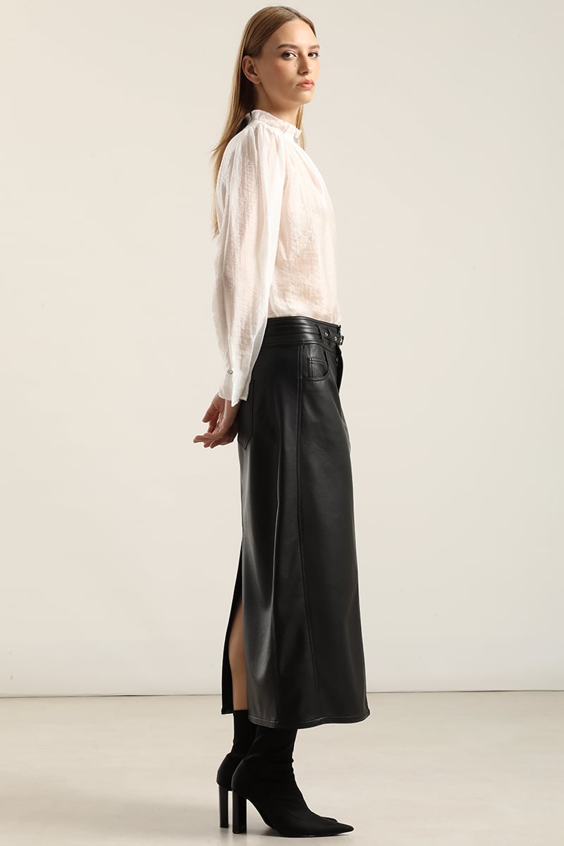 FALDA MIDI, EFECTO CUERO NEGRO LIOLA - 2