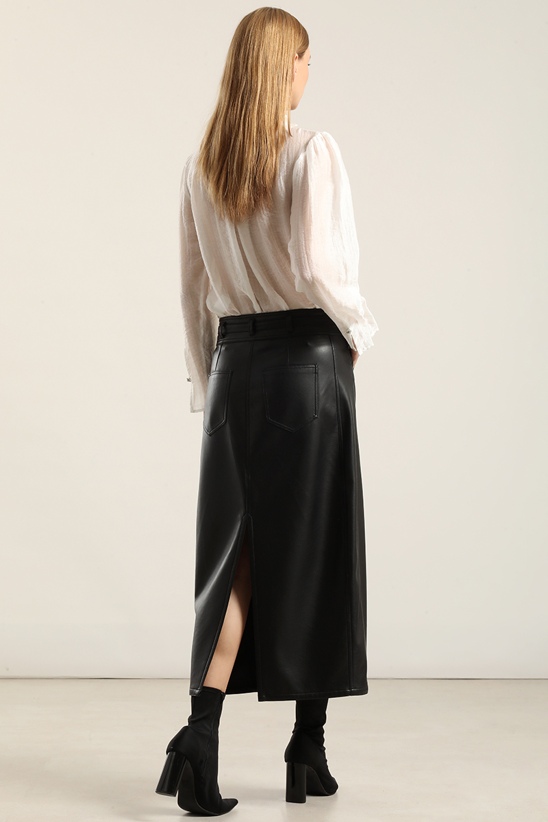 FALDA MIDI, EFECTO CUERO NEGRO LIOLA - 3