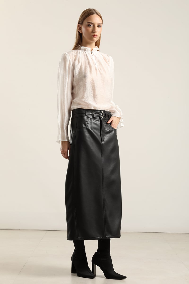 FALDA MIDI, EFECTO CUERO NEGRO LIOLA - 5