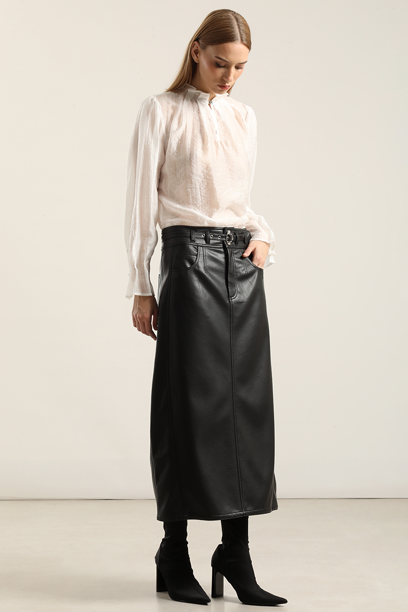 FALDA MIDI, EFECTO CUERO NEGRO LIOLA - 6
