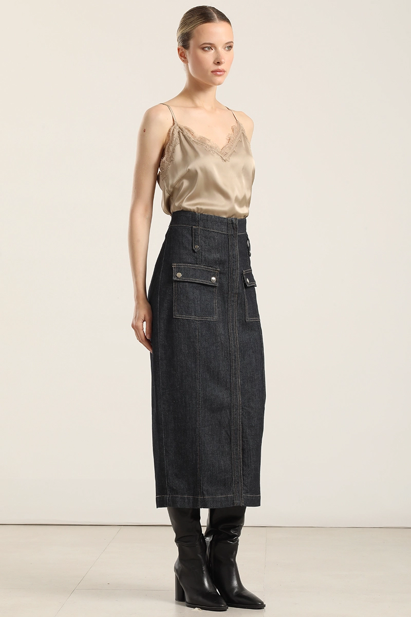 FALDA MIDI, CINTURA ALTA, INDIGO LIOLA - 4