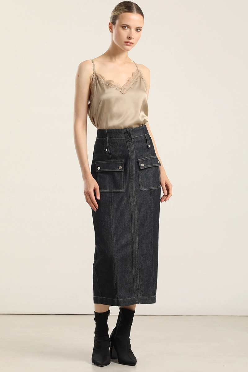 FALDA MIDI, CINTURA ALTA, INDIGO LIOLA - 5