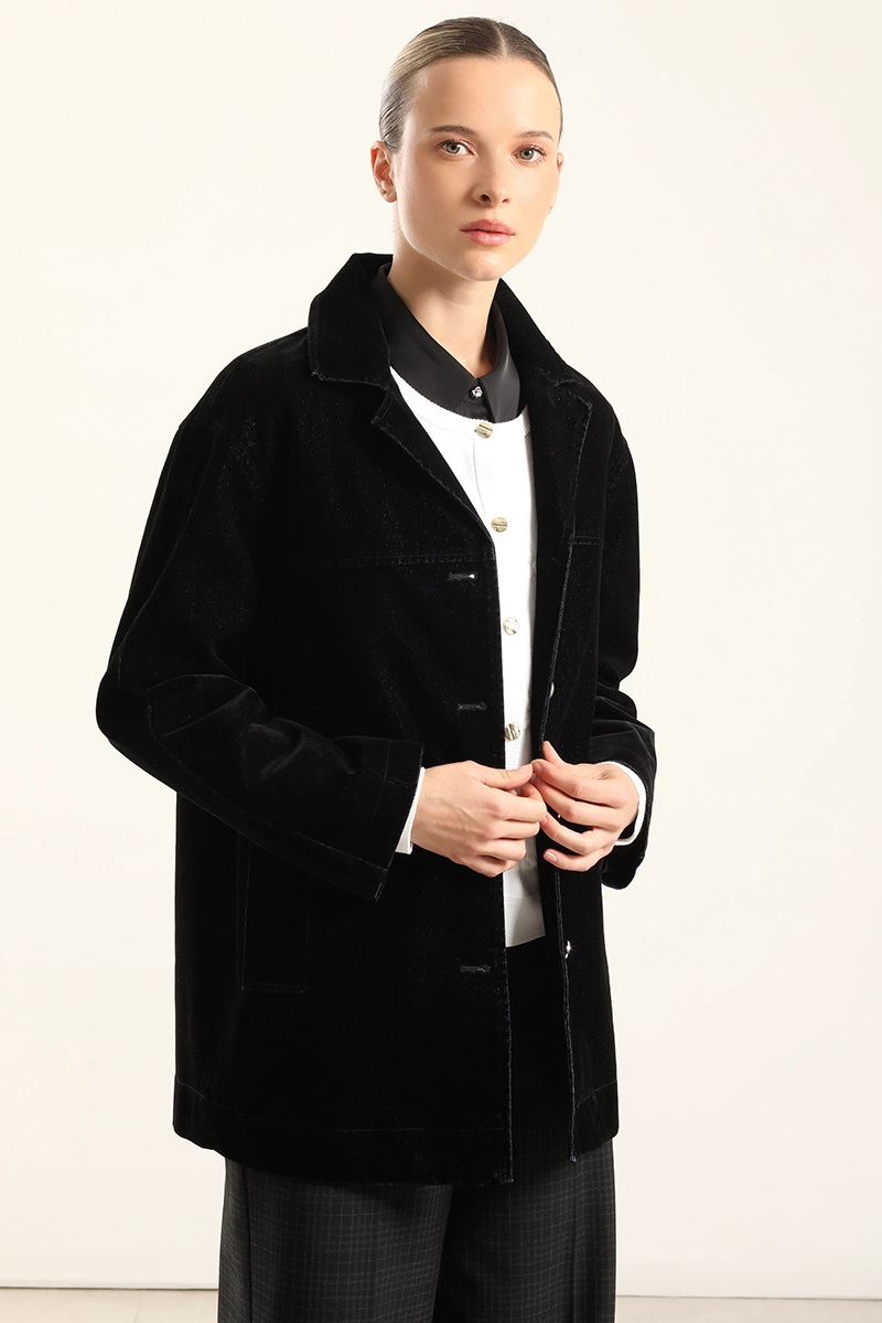 CHAQUETON GABARDINA EFECTO TERCIOPELO, NEGRO LIOLA - 1