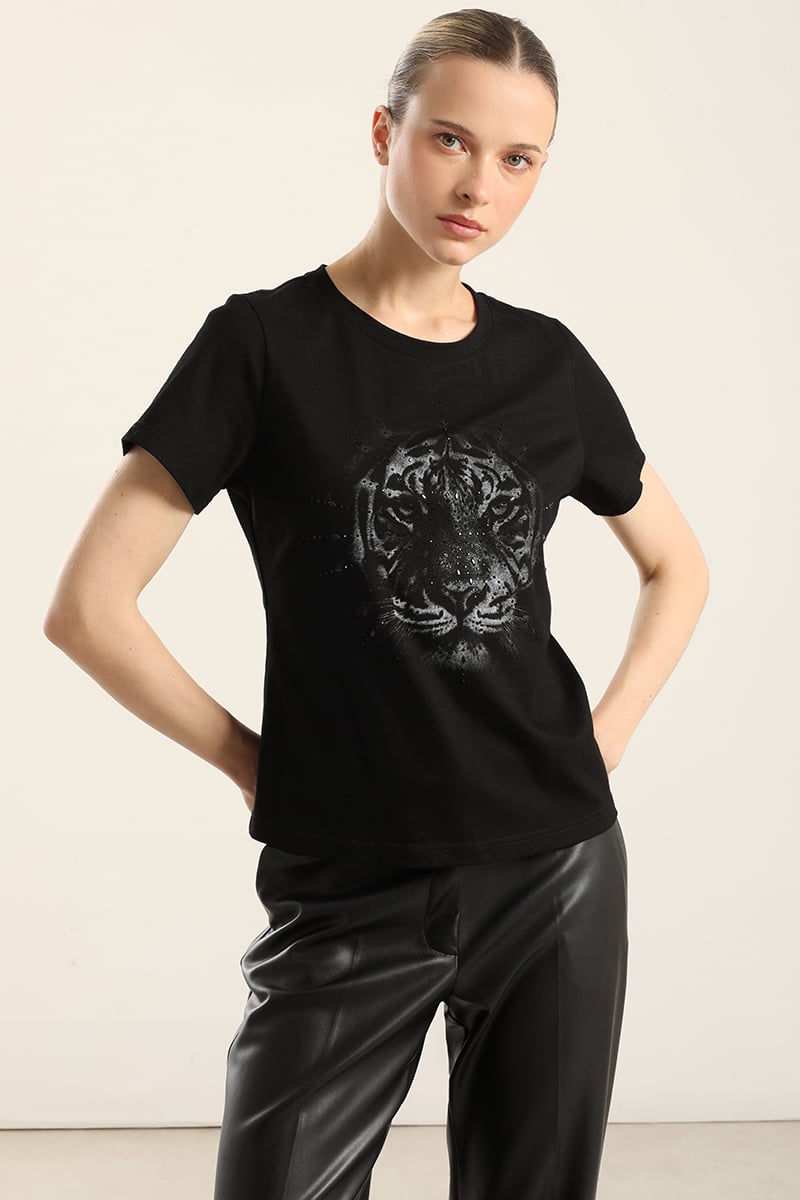 POLERA ALGODON, TIGRE STRASS, NEGRO LIOLA - 1