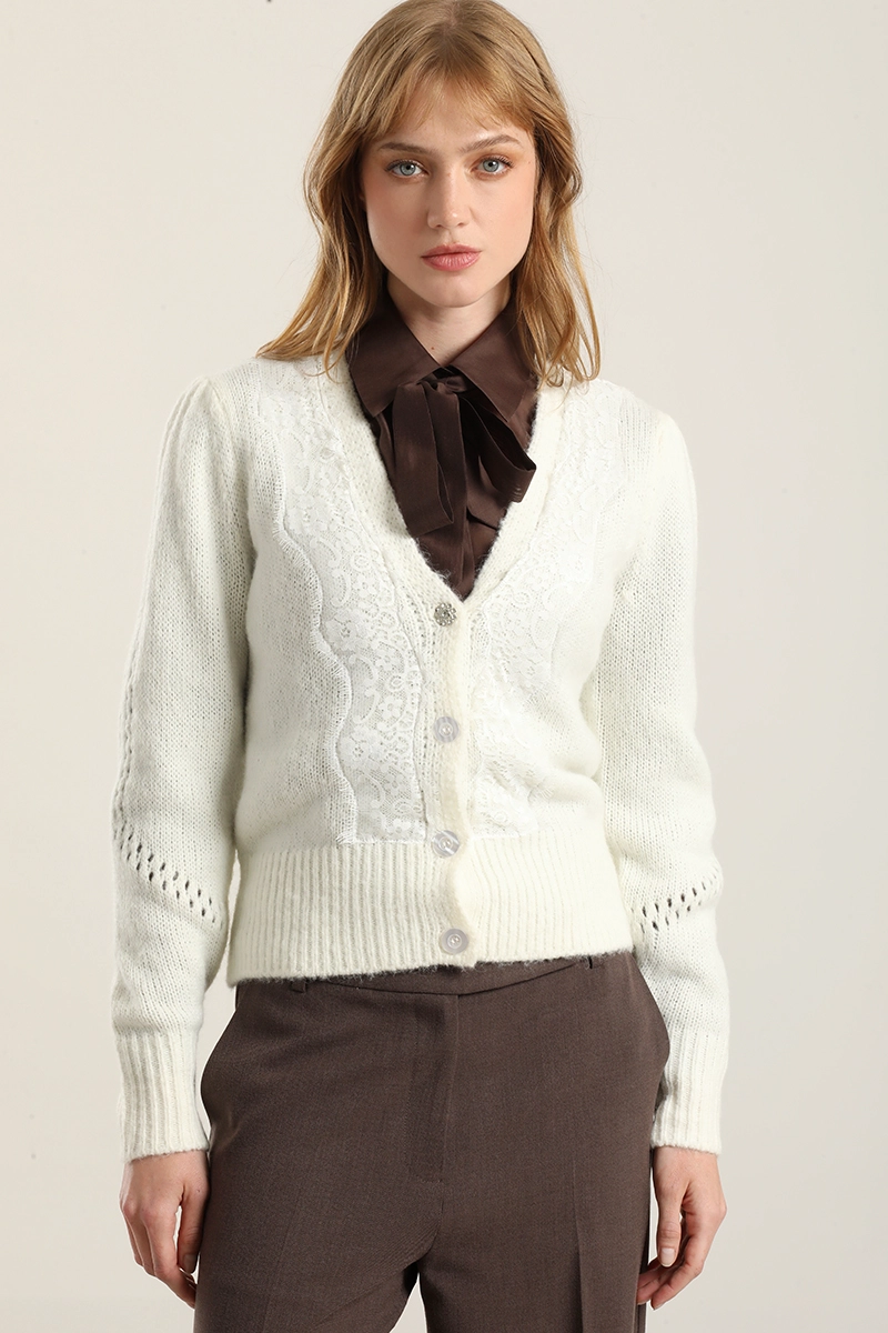 CARDIGAN PUNTO APLICACION ENCAJE, CRUDO LIOLA - 1