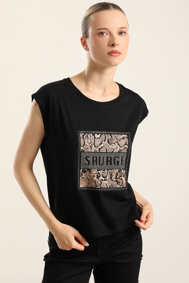 POLERA ALGODON  APLICACION SAVAGE, NEGRO LIOLA - 1