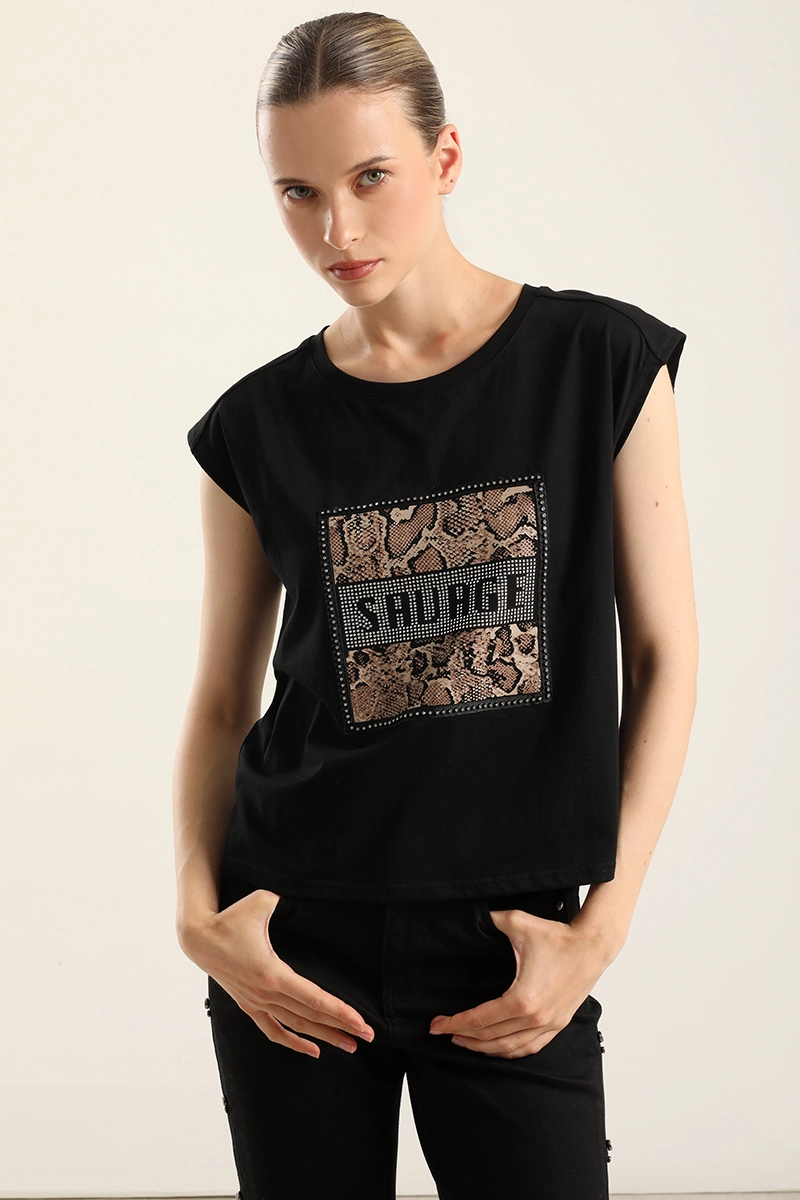 POLERA ALGODON  APLICACION SAVAGE, NEGRO LIOLA - 3