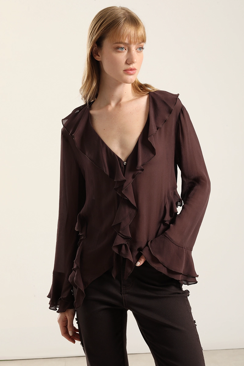 BLUSA VOLANTES SEMITRANSPARENTE, CHOCOLATE LIOLA - 1