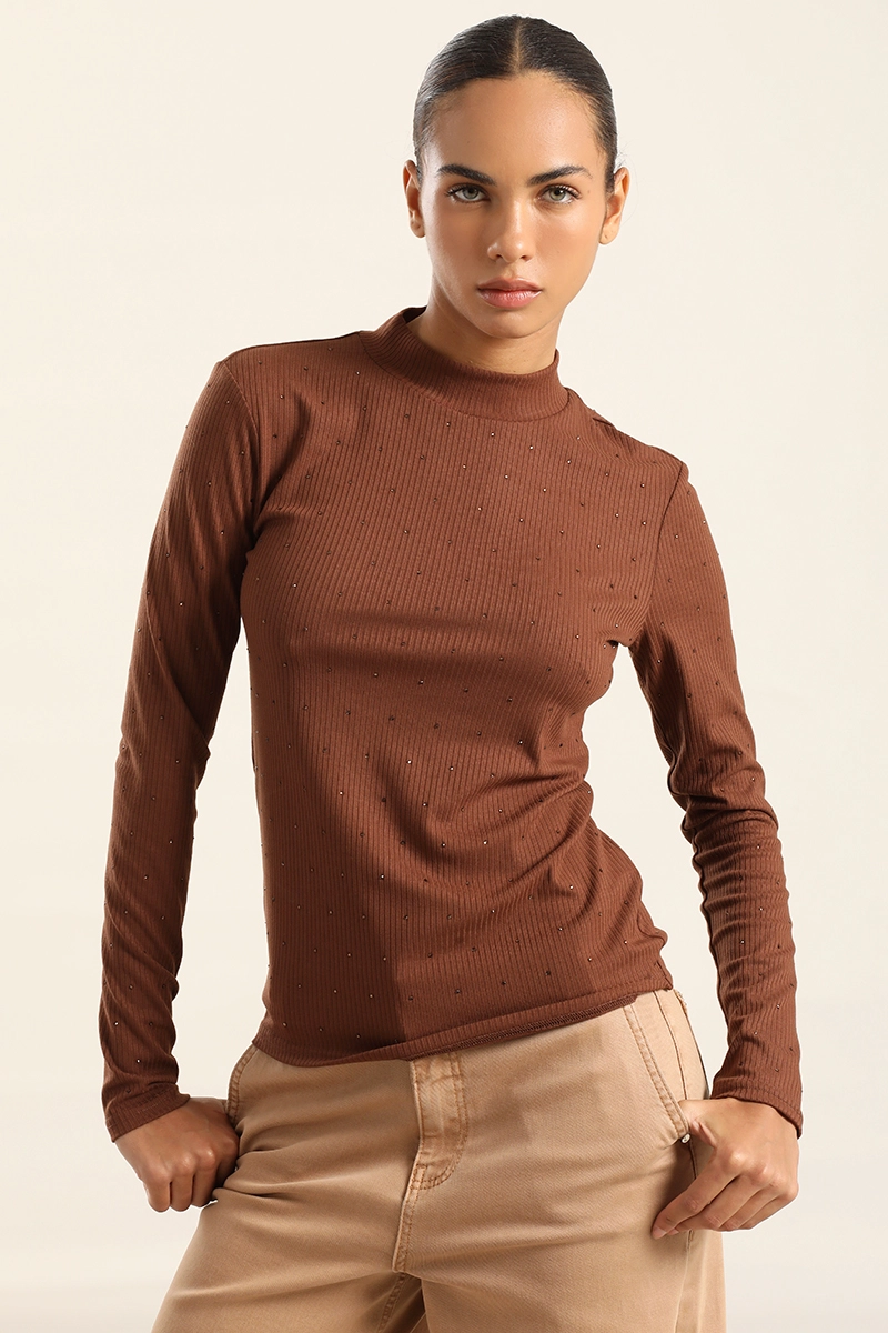 TOP STRASS CUELLO SUBIDO, CHOCOLATE LIOLA - 3