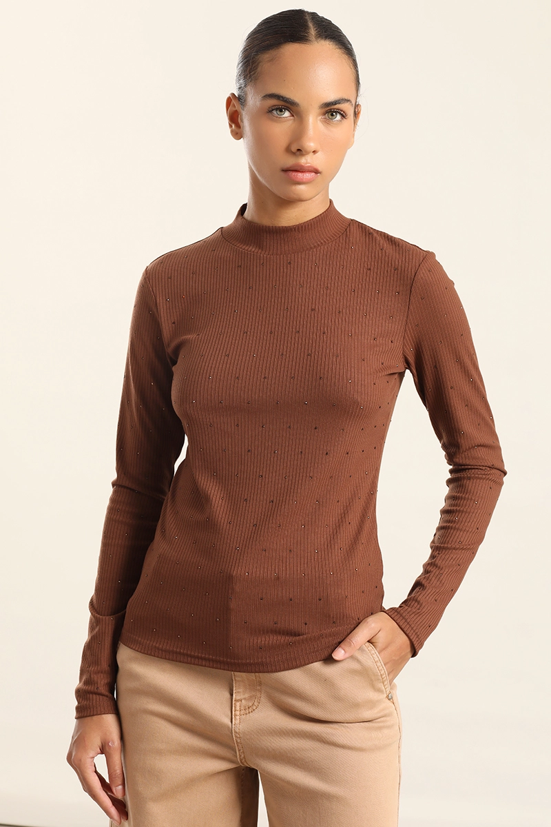 TOP STRASS CUELLO SUBIDO, CHOCOLATE LIOLA - 5