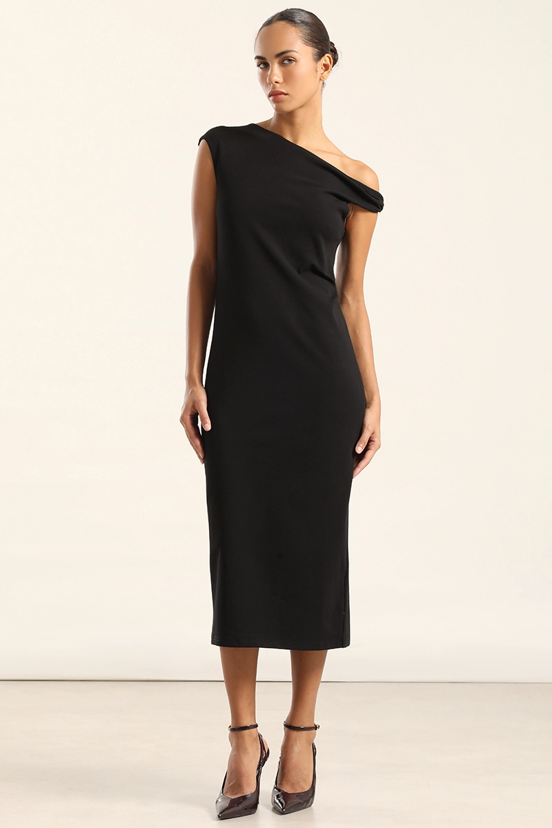 VESTIDO MIDI, HOMBRO TORCIDO, NEGRO LIOLA - 1