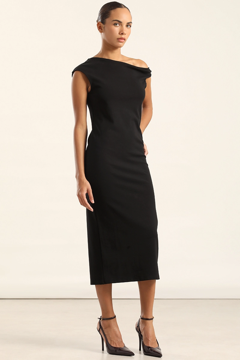 VESTIDO MIDI, HOMBRO TORCIDO, NEGRO LIOLA - 2