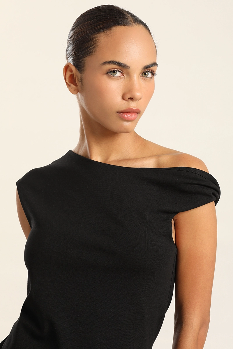 VESTIDO MIDI, HOMBRO TORCIDO, NEGRO LIOLA - 3